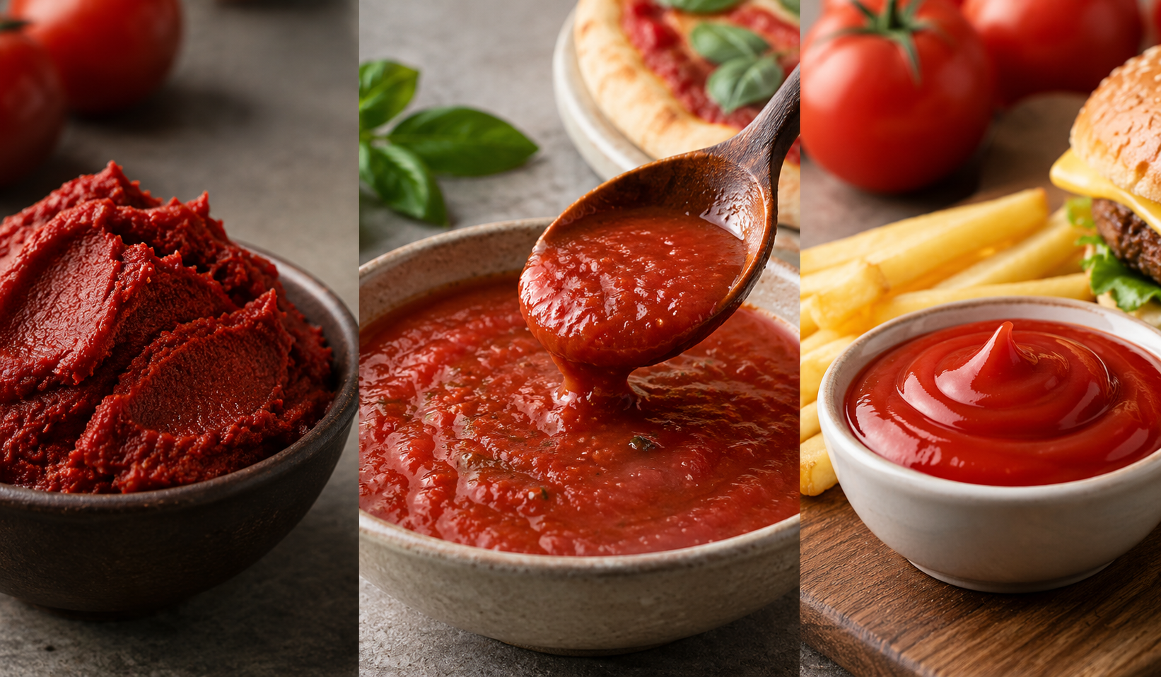 Hvad er kerneforskellene mellem tomatpasta, tomatsauce og ketchup?
